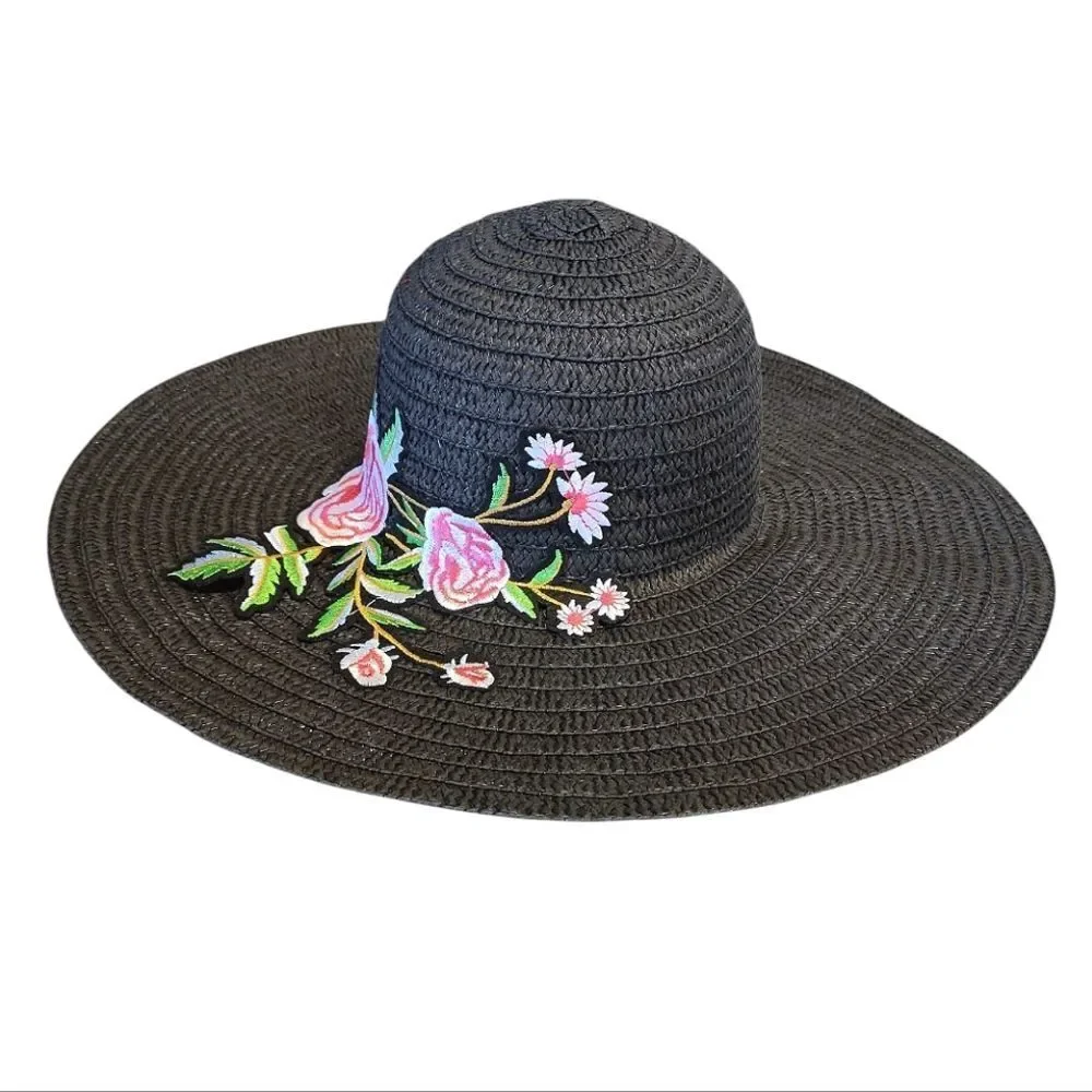 Y2K Black with Pink Floral Embroidered Applique Oversized Straw Floppy Hat - Picture 3 of 11